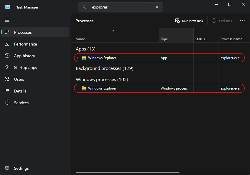 Task Manager Window: Search for explorer process