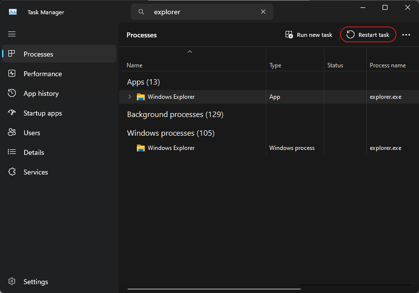 Task Manager Window: Restart Explorer Process