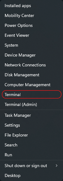 Start Button Context Menu (Right-Click Menu): Opening Windows Terminal