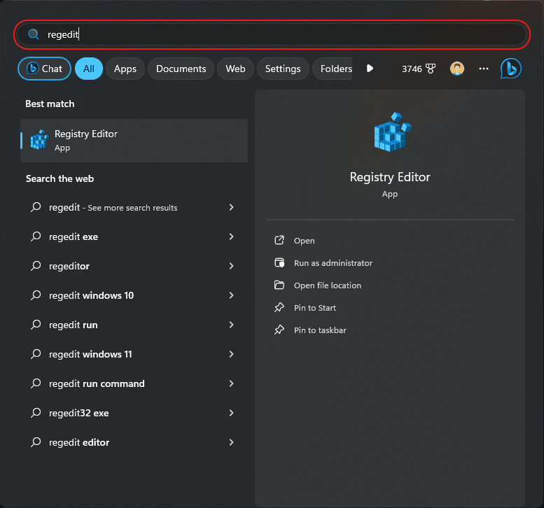 Windows 11 Search for Registry regedit