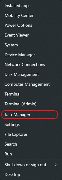 Start Button, Right Click Menu: Choose Task Manager