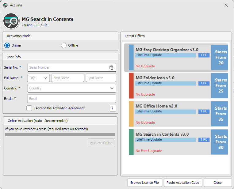 MG Products Activation Dialog