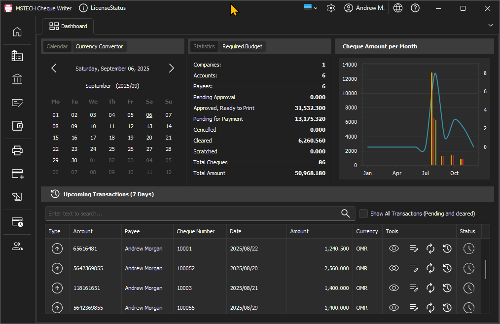 Cheque Writer Dashboard